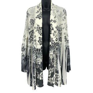 Coldwater Creek Women Kimono Cardigan Plus Size 1X Cream Black Floral Jacket EUC